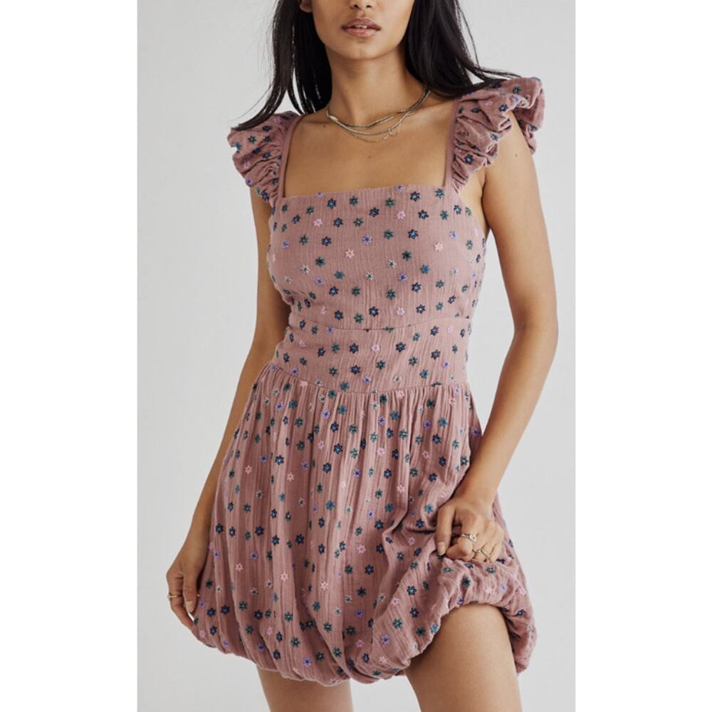 Free People Mini Dress Women S Mauve Pink Bubble Hem Floral Embroidered Cottage